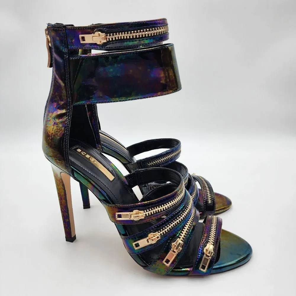 BCBGeneration Casey Strappy Ankle Sandals Open Toe Black Hologram Patent 7.5‎ M